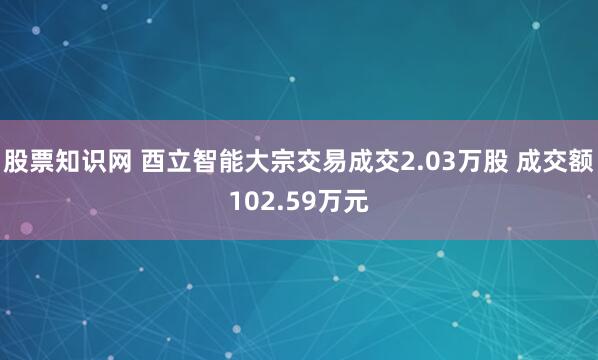 股票知识网 酉立智能大宗交易成交2.03万股 成交额102.59万元